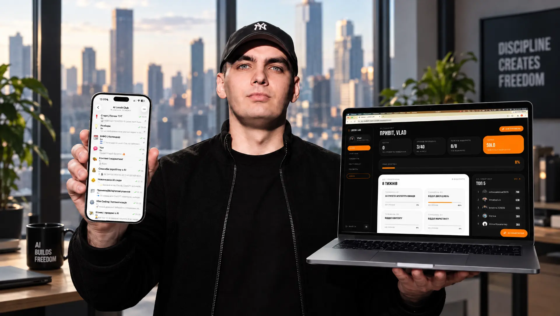 Влад Луш з телефоном і ноутбуком: клуб AI LOOSH CLUB та платформа LOOSH LAB